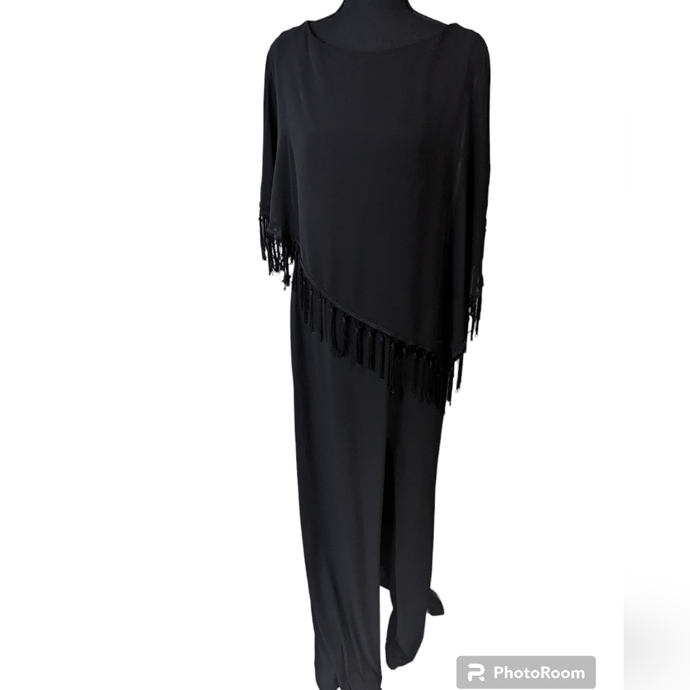 Xscape black formal dress size 10, has a sheet cape attached to neckline.